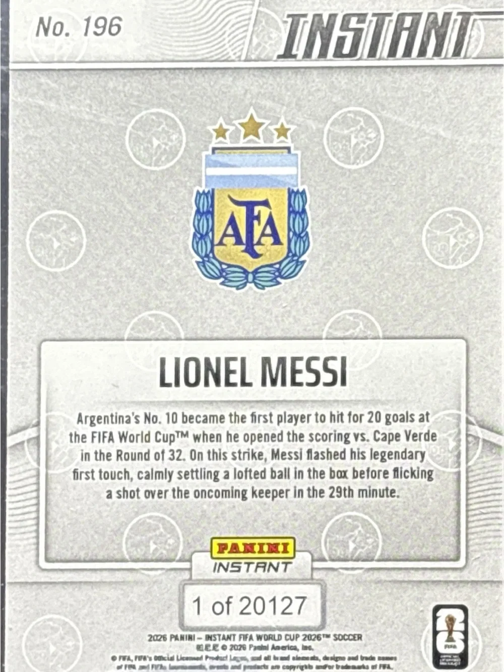 Panini Instant Lionel Messi Soccer Trading Card - LE 1/20127
